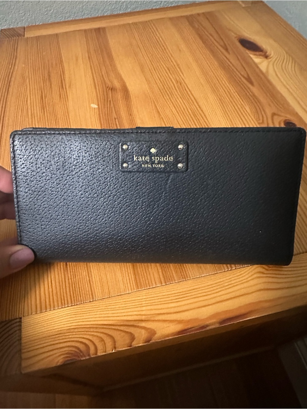 kate spade Black Leather Zip Continental Wallet with Gold Plaque